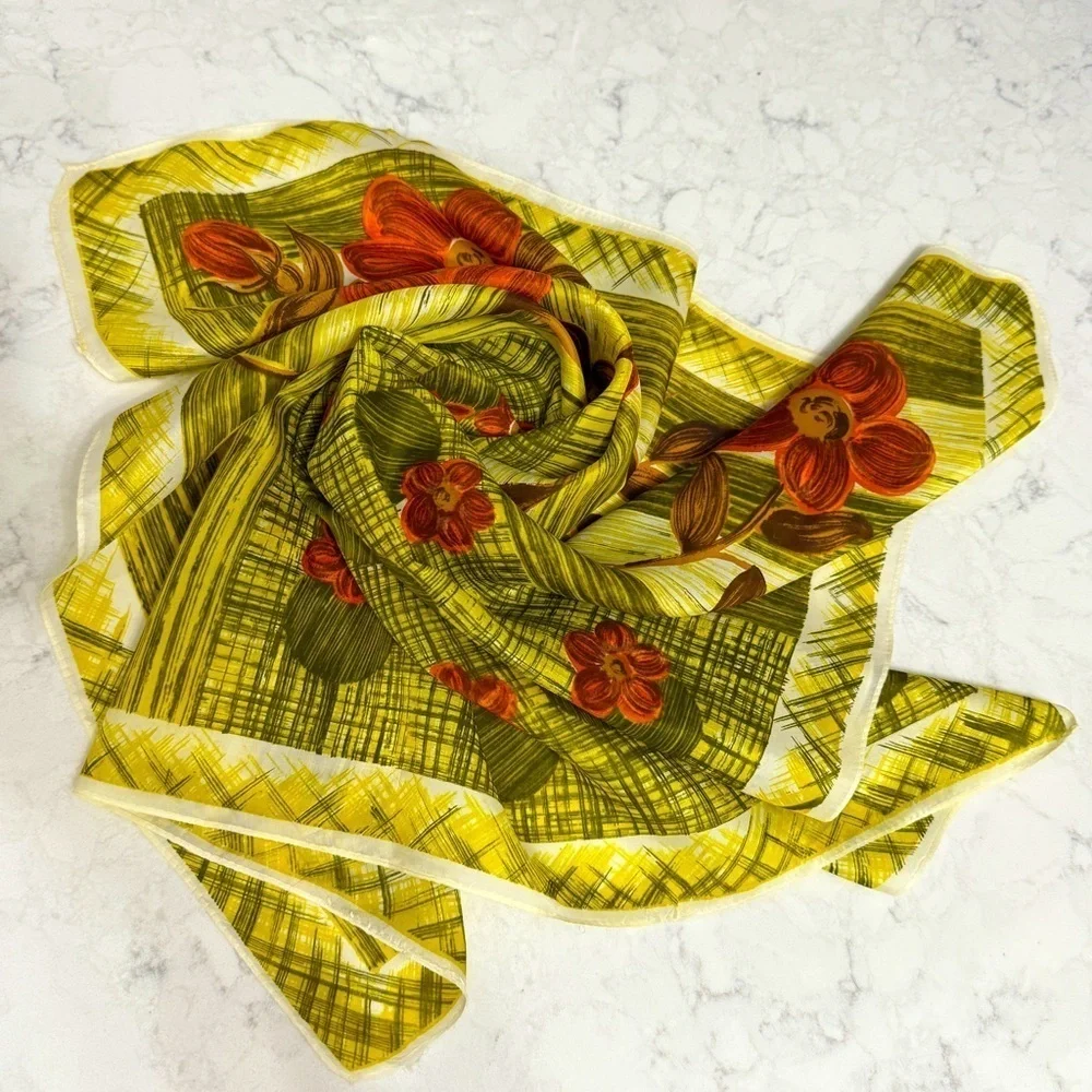 Vintage Floral Geometric Pattern Square Scarf Yellow MCM